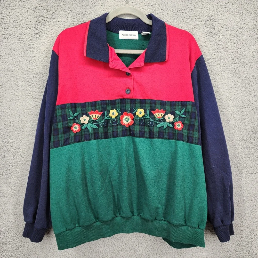 Vintage Alfred Dunner Colorblock Floral Plaid Sweatshirt 3X Red Green Navy